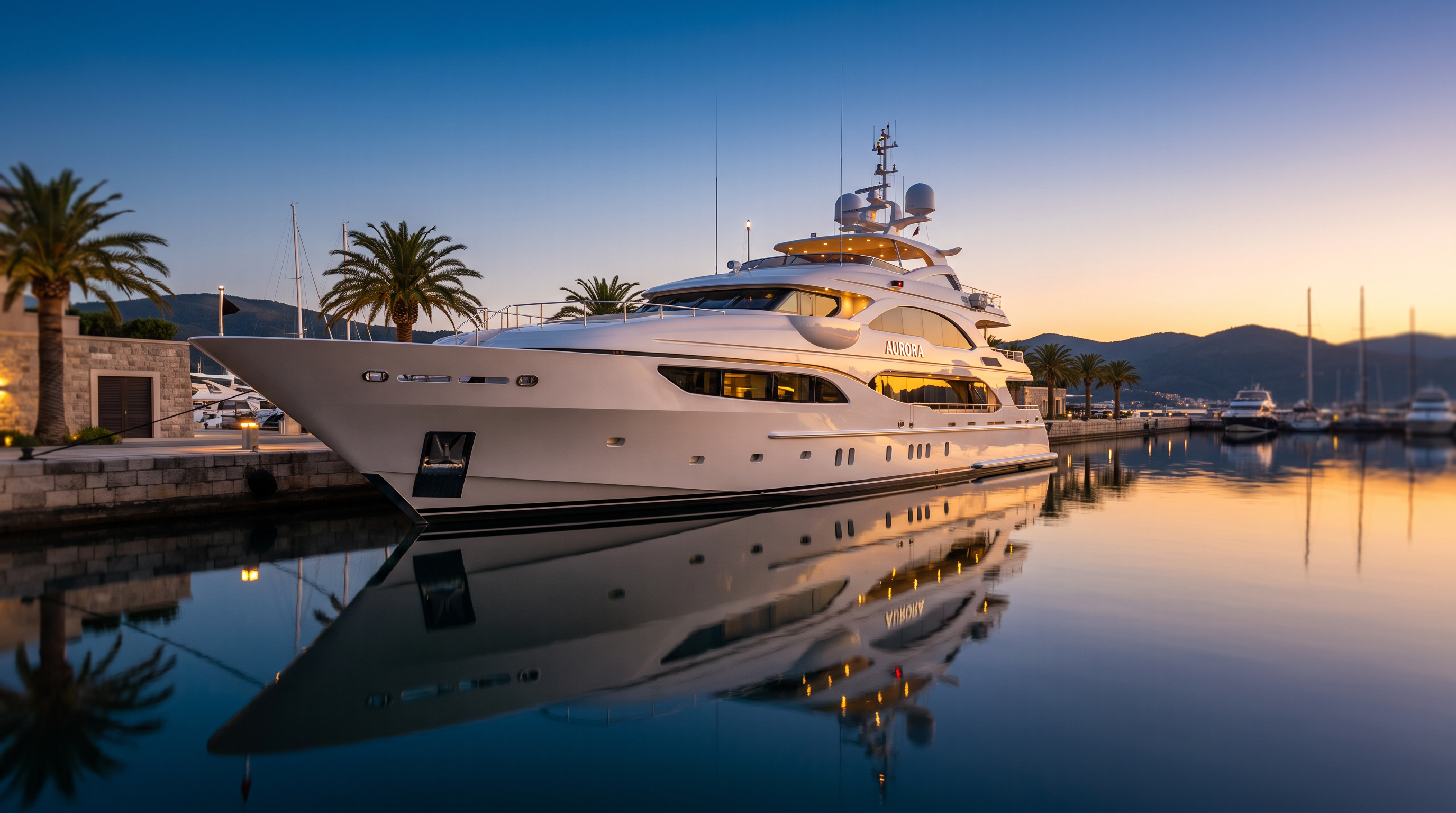 Yacht de luxe amarré dans une marina au coucher du soleil