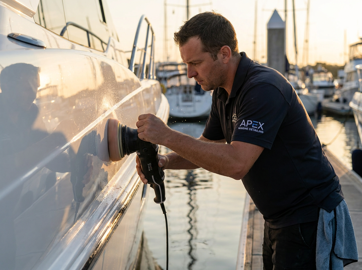 Technicien polissant la coque d'un yacht de luxe